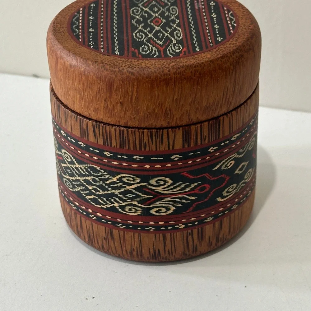 Vintage Wooden Trinket Box Match Holder Ornate Textile Inlay Lid Container‎